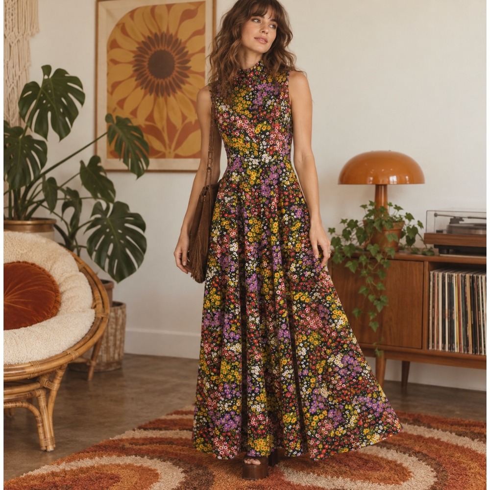 Vintage 70s Floral Maxi Dress Sleeveless Mock Neck Boho Maximalist XS Groovy